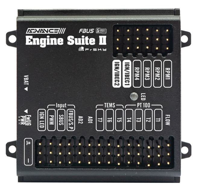 Electronic control unit with labeled ports and branding on a white. FrSky Advanced Engine Suite II (AES II) – Engine Management &amp; Telemetry Hubbackground