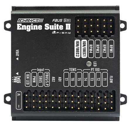 Electronic control unit with labeled ports and branding on a white. FrSky Advanced Engine Suite II (AES II) – Engine Management &amp; Telemetry Hubbackground