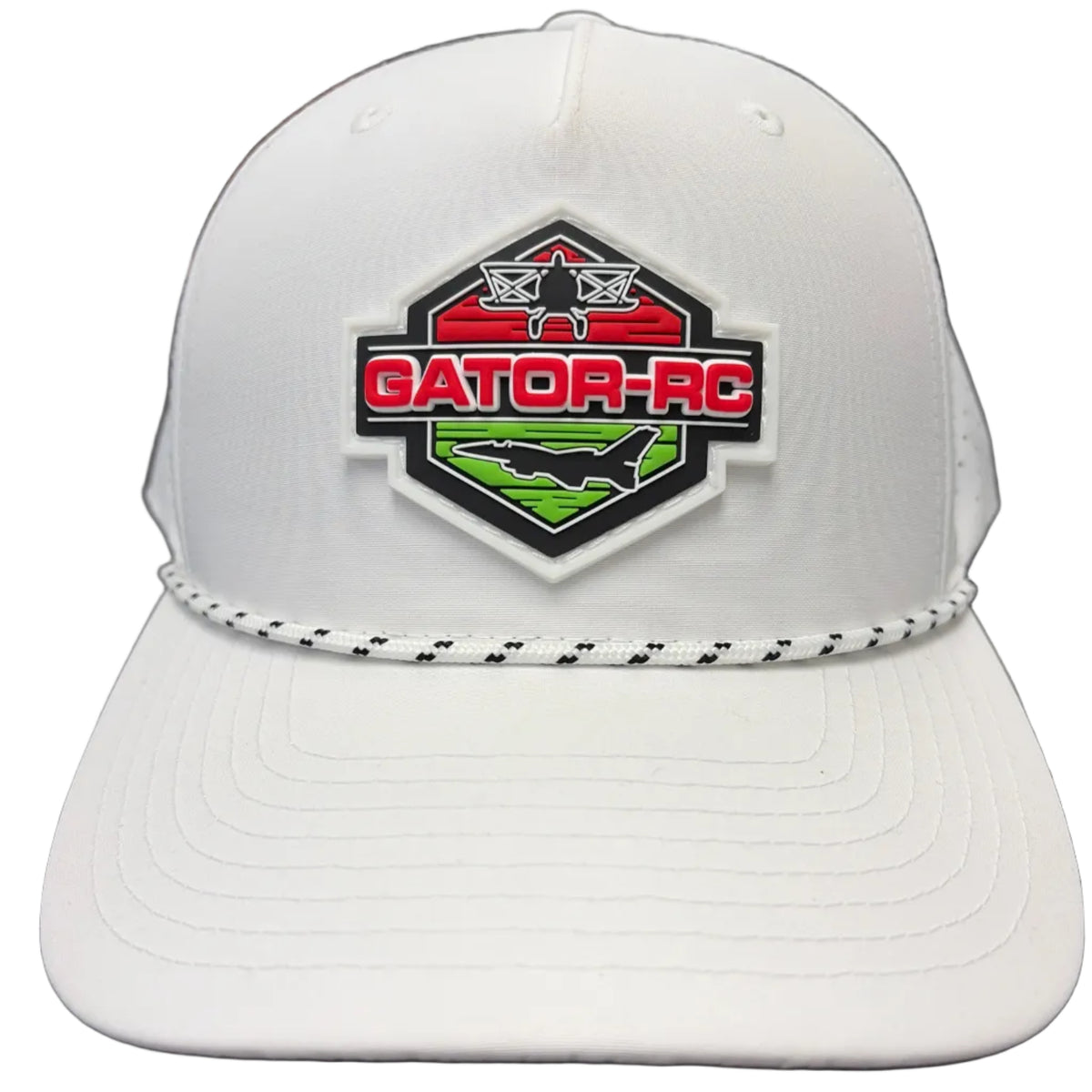 White cap with a logo on a dark surface