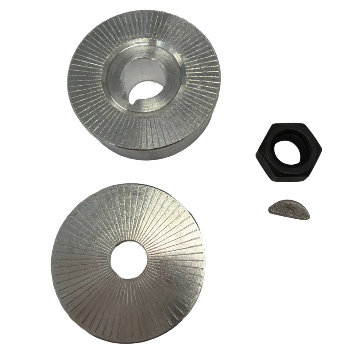Two metal washers and a black hex nut on a white background.  63cc Parts for Stinger Engines
