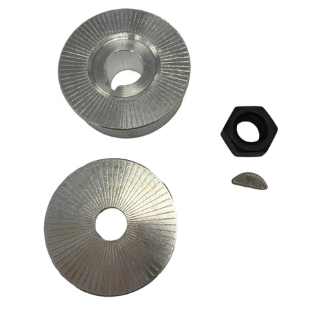 Two metal washers and a black hex nut on a white background.  63cc Parts for Stinger Engines
