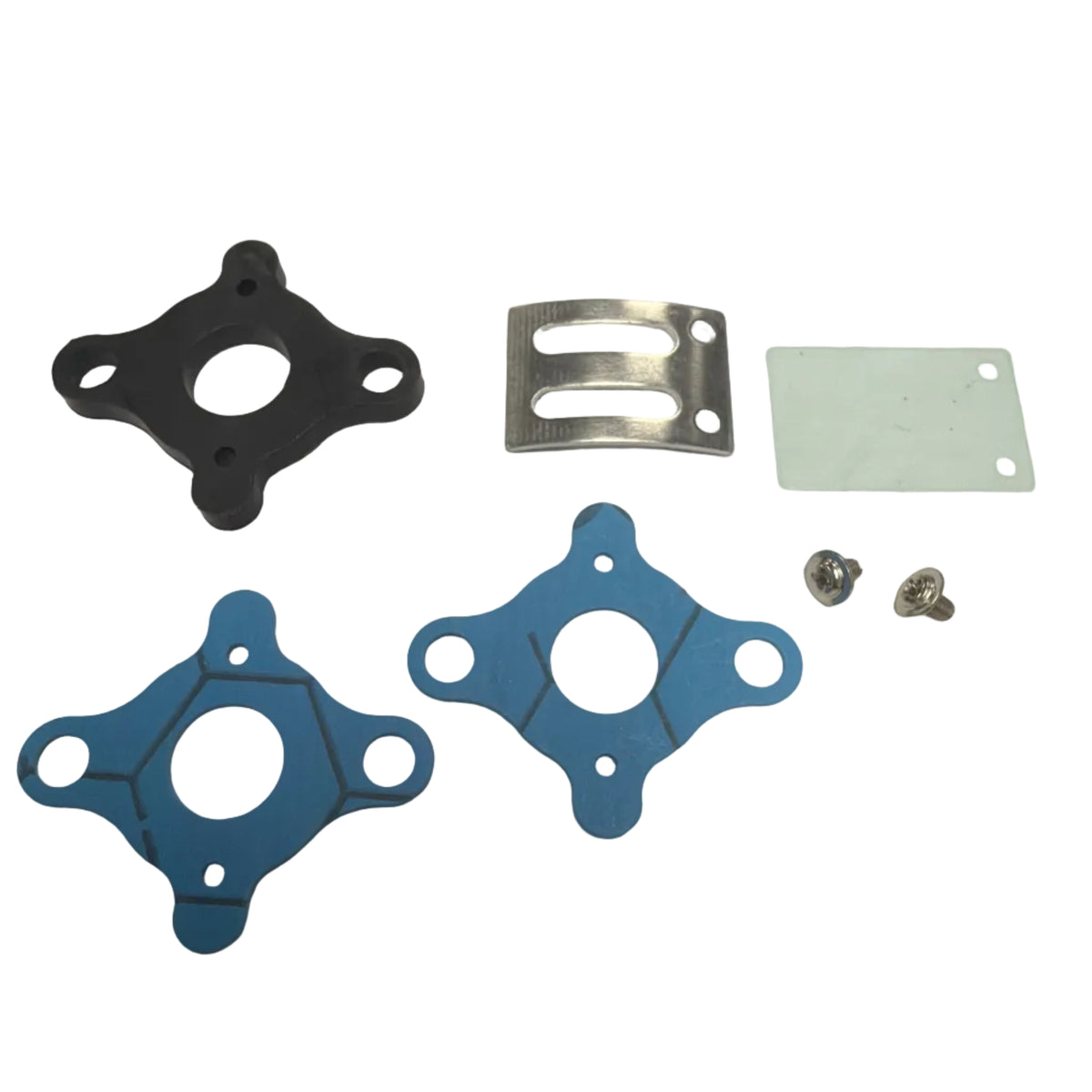 Set of mechanical components including gaskets and metal plates on a white background. 10cc Parts for Stinger Engines