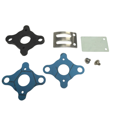 Set of mechanical components including gaskets and metal plates on a white background. 10cc Parts for Stinger Engines