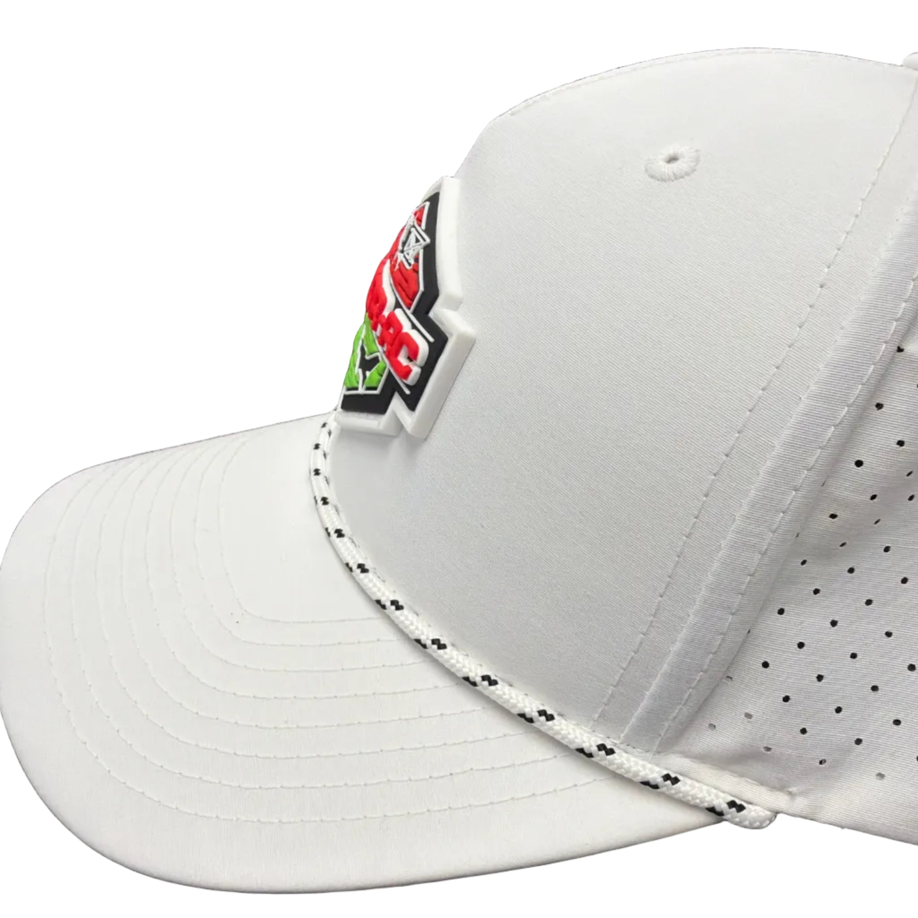 White baseball cap with a brand logo on a black background