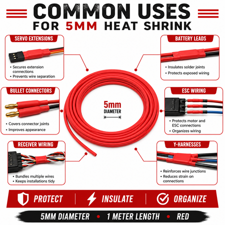 Red 5mm heat shrink tubing with common uses and features on a white background