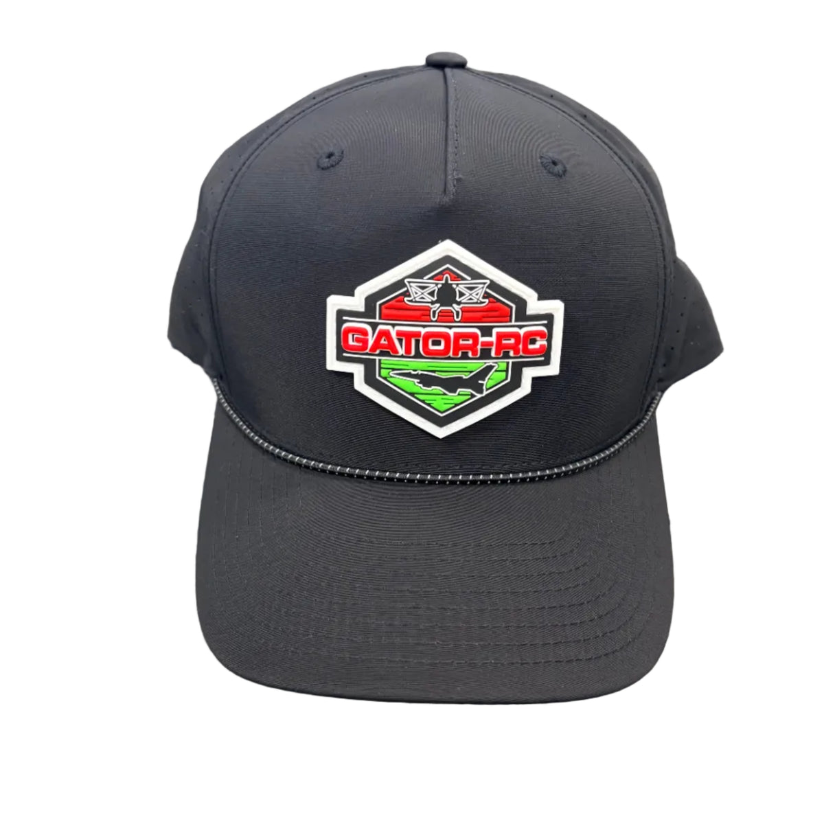 Black cap with a logo on a textured surface