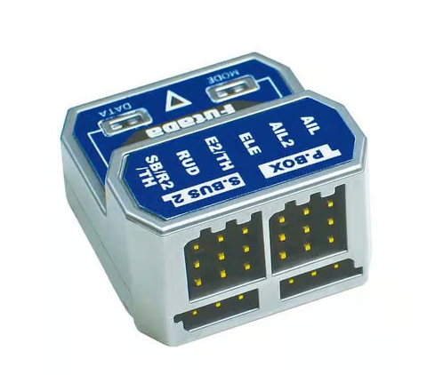 Small electronic module with blue top panel and white bottom panel on a white background