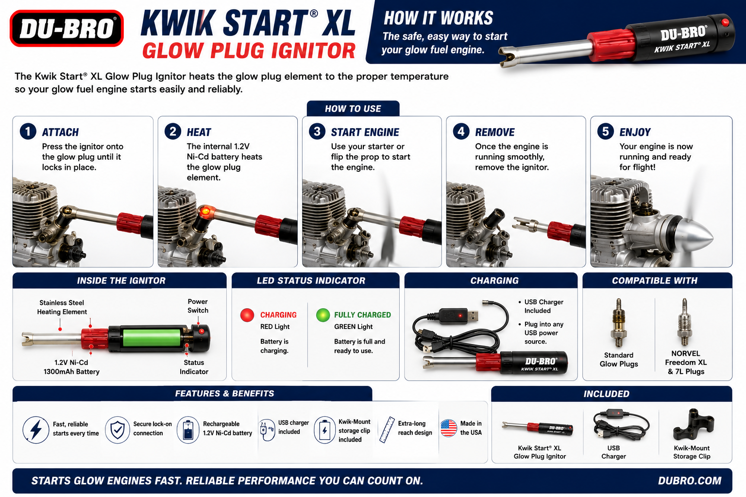 DuBro Kwik Start XL Glow Plug Igniter instructions and features on a blue background