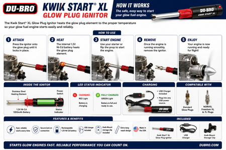 DuBro Kwik Start XL Glow Plug Igniter instructions and features on a blue background