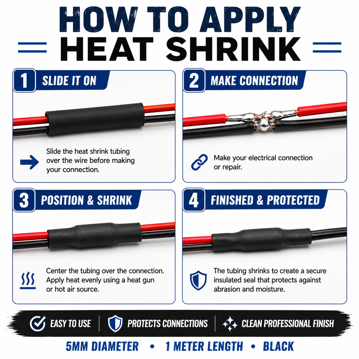 Step-by-step guide on how to apply heat shrink tubing with illustrations and text.