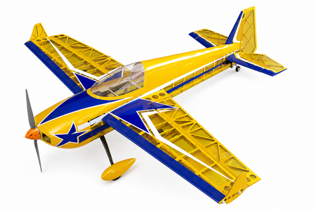 Yellow and blue model airplane on a white background