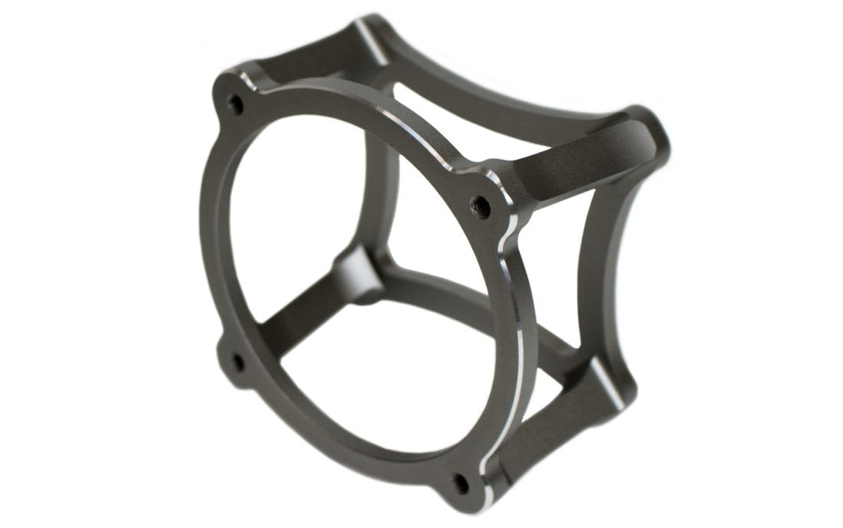 Metallic gray cage-like object on a white background