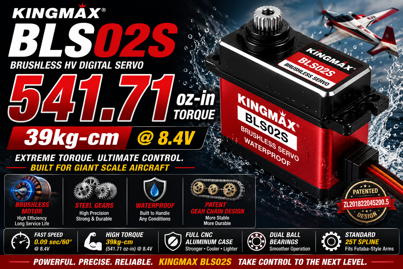 Kingmax BLS02S brushless HV digital servo with specifications and features on a dark background