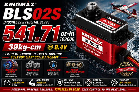 Kingmax BLS02S brushless HV digital servo with specifications and features on a dark background