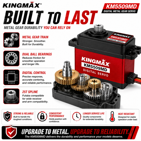 Kingmax KM5509MD digital metal gear servo with features highlighted on a white background