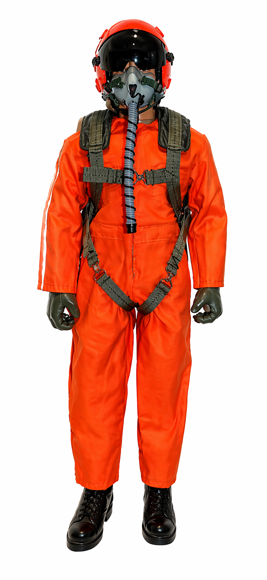 Person wearing an orange fire suit with a helmet on a white background