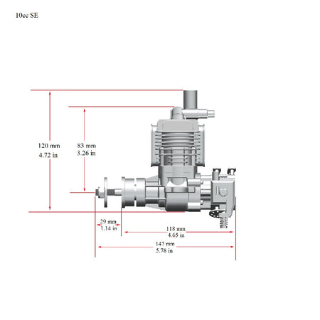 RCGF Stinger 10cc SE gas engine with muffler dimensions
