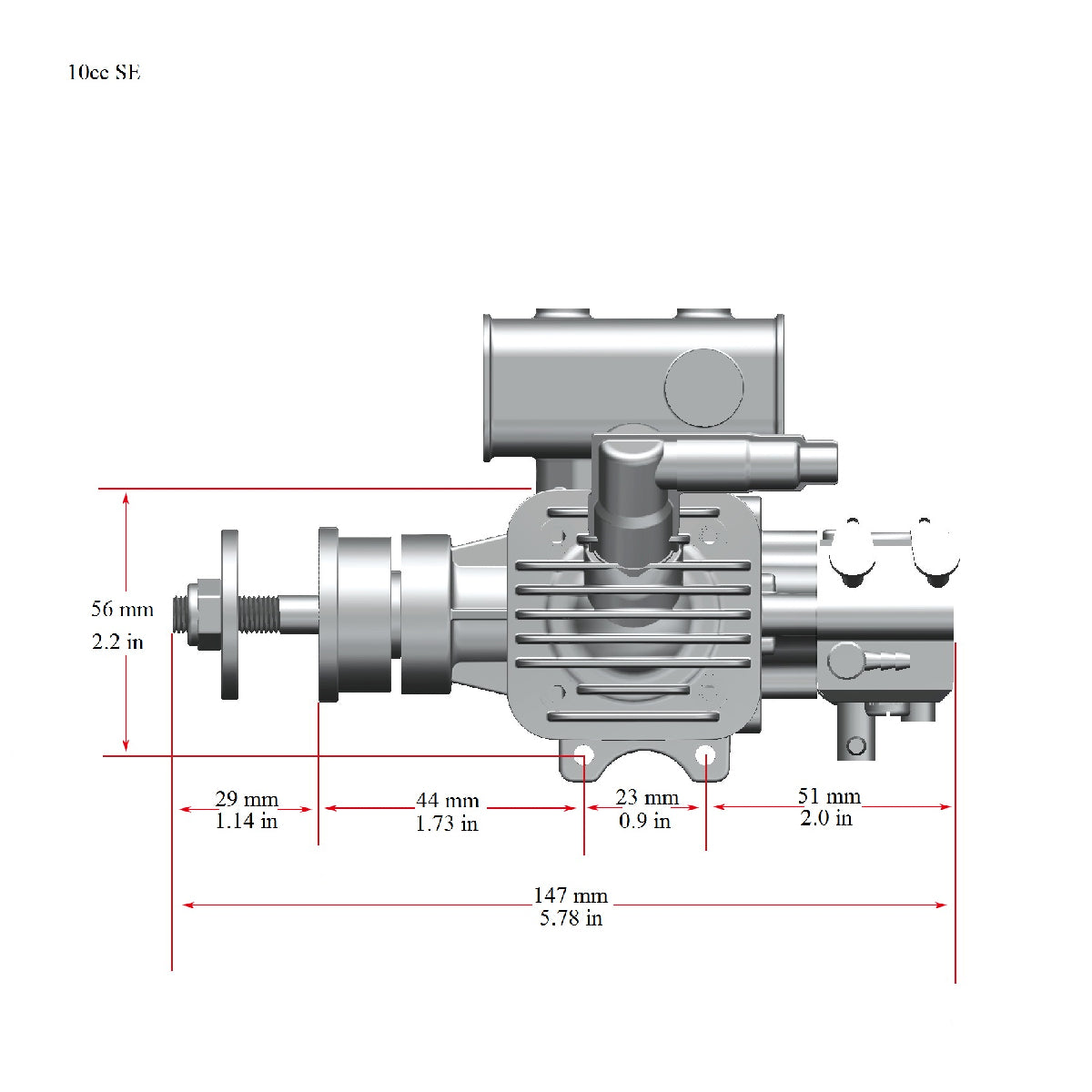 RCGF Stinger 10cc SE gas engine with muffler dimensions