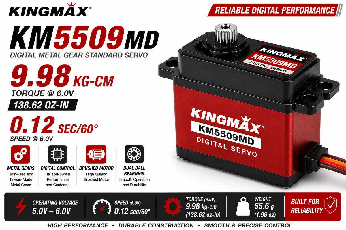 Kingmax KM5509MD digital metal gear servo with specifications on a white background