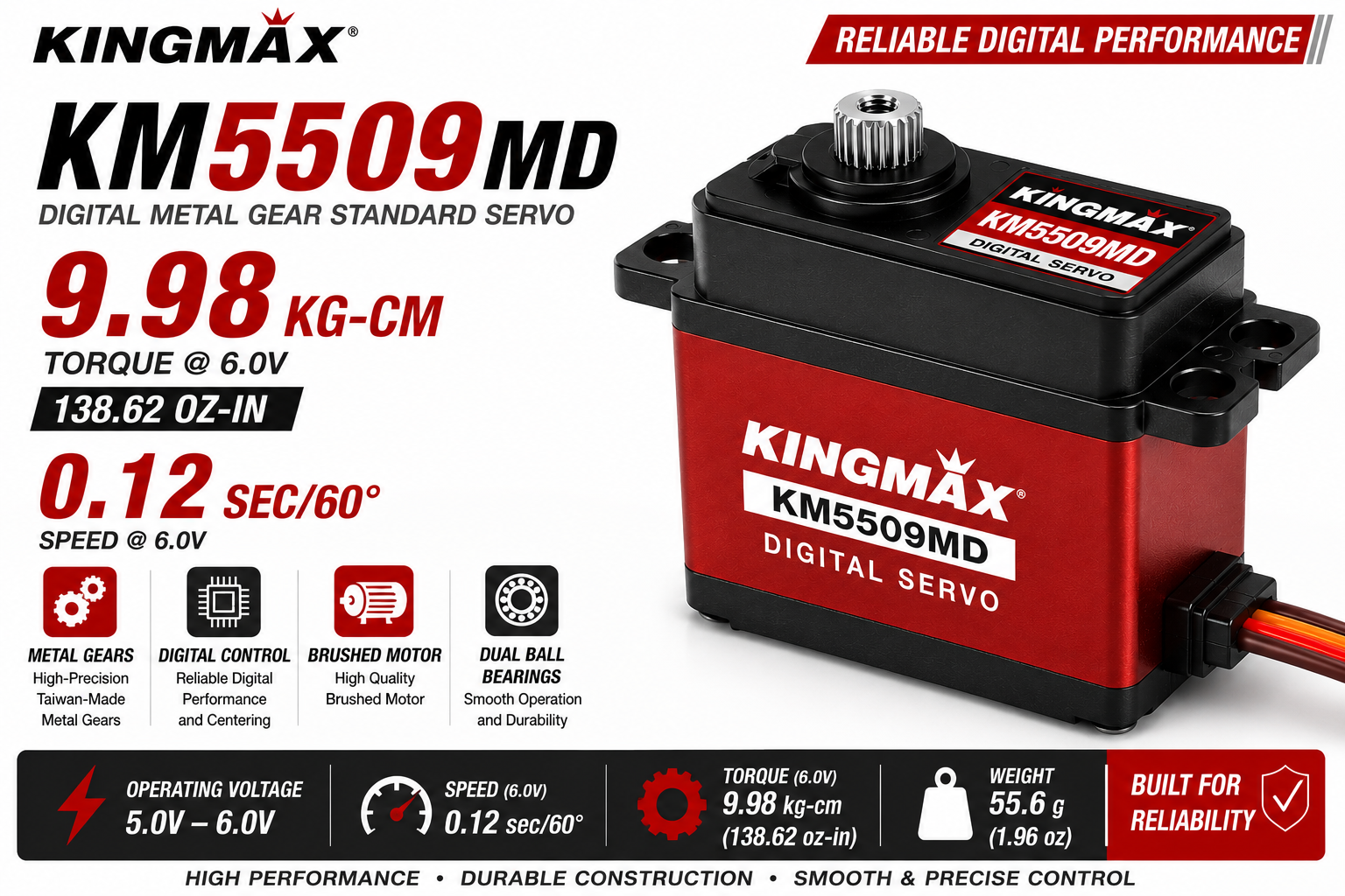 Kingmax KM5509MD digital metal gear servo with specifications on a white background