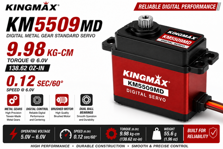 Kingmax KM5509MD digital metal gear servo with specifications on a white background