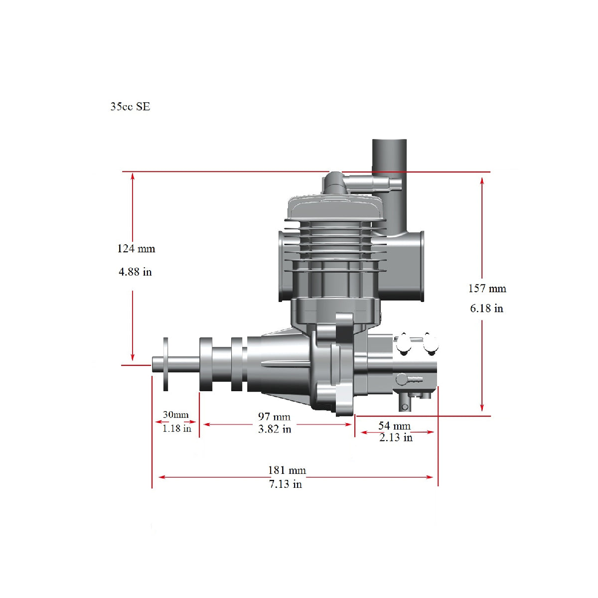 Stinger 35cc SE Gas Engine – Side Exhaust dimensions