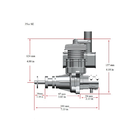 Stinger 35cc SE Gas Engine – Side Exhaust dimensions