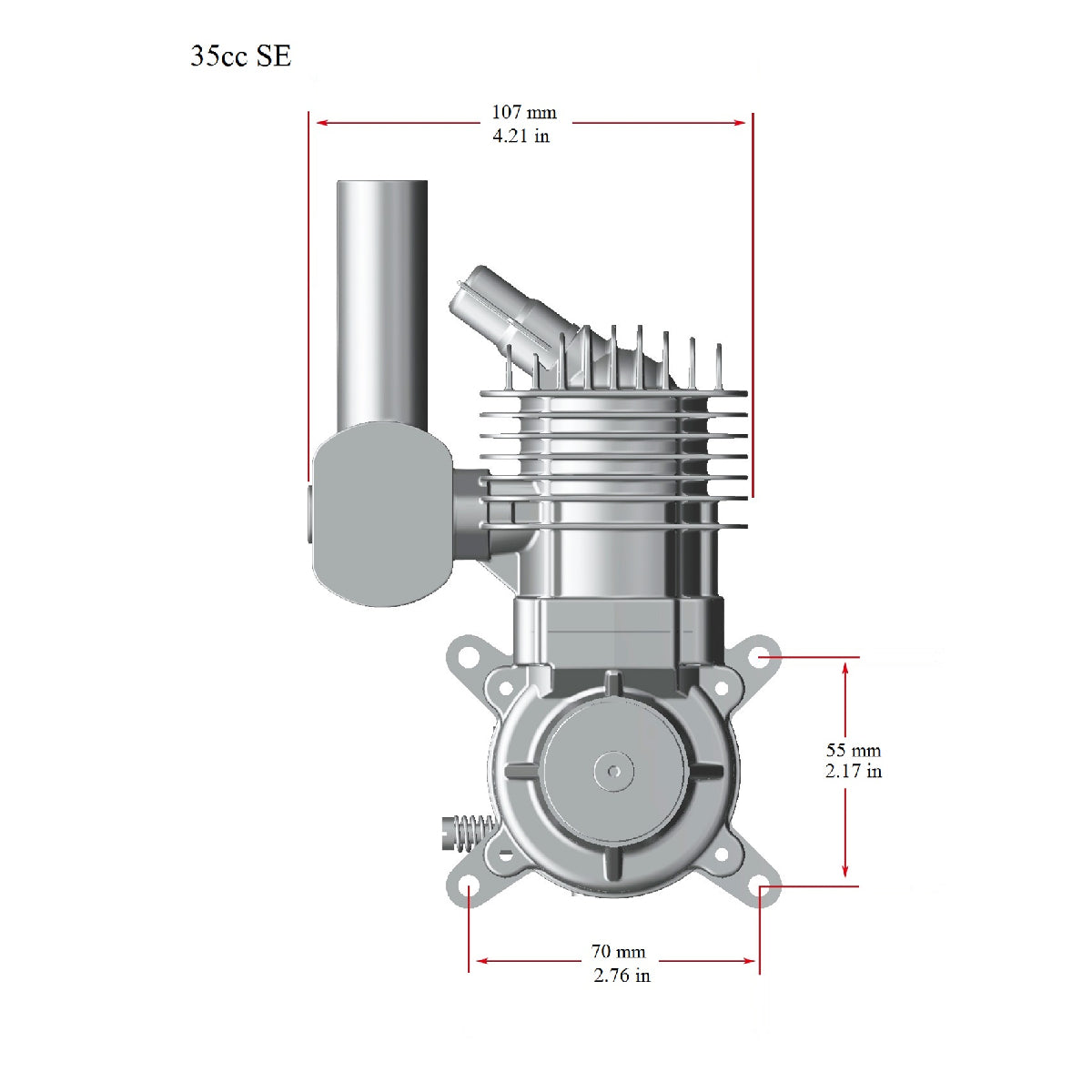 Stinger 35cc SE Gas Engine – Side Exhaust dimensions