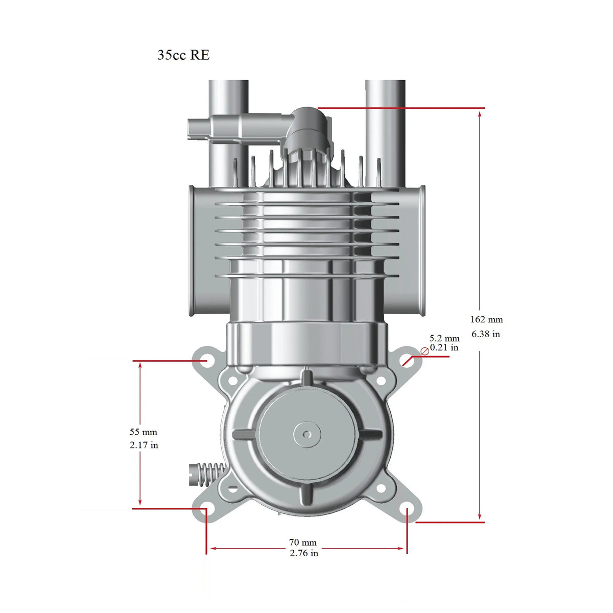 Stinger 35cc RE Gas Engine – Rear Exhaust dimensions