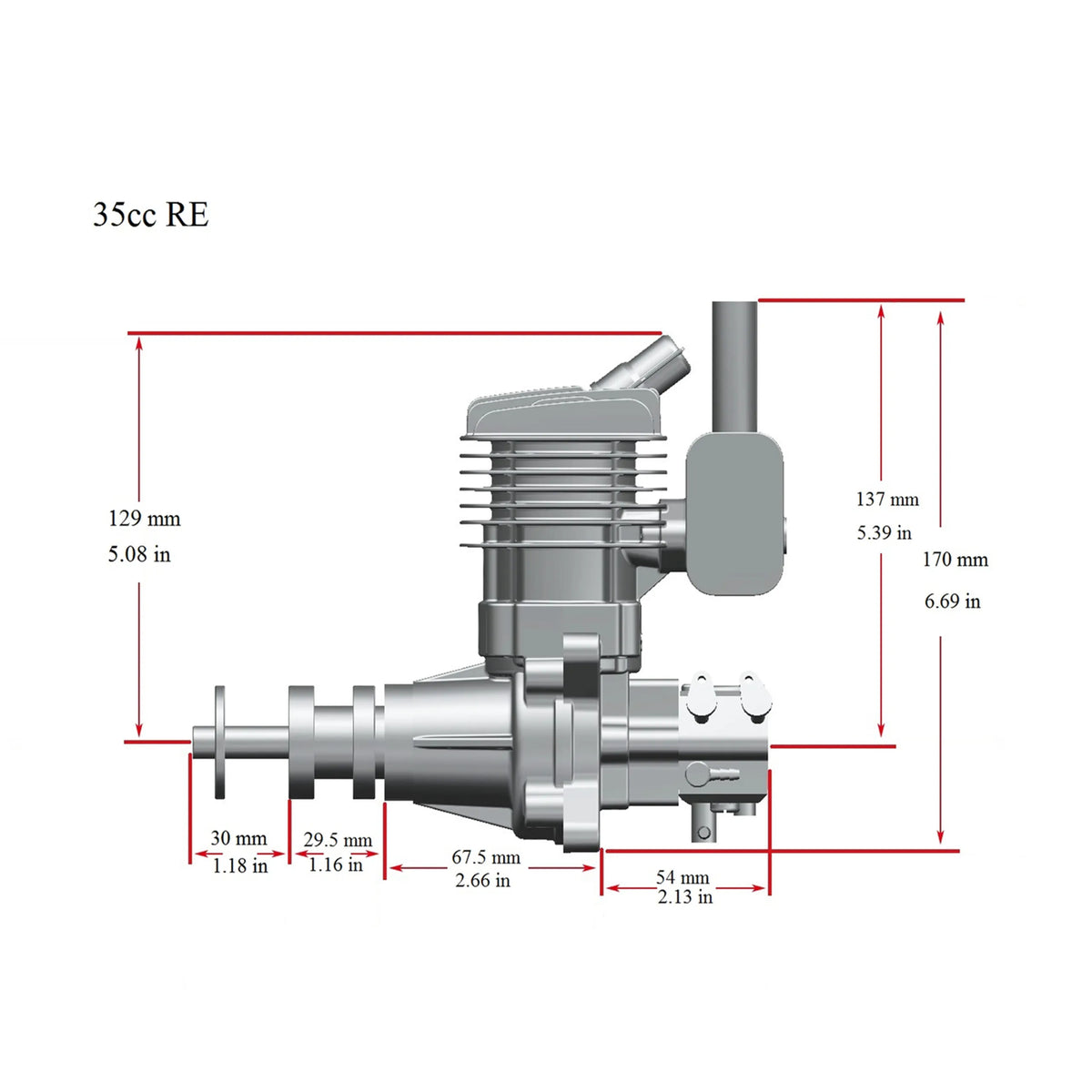 Stinger 35cc RE Gas Engine – Rear Exhaust dimensions