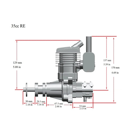 Stinger 35cc RE Gas Engine – Rear Exhaust dimensions
