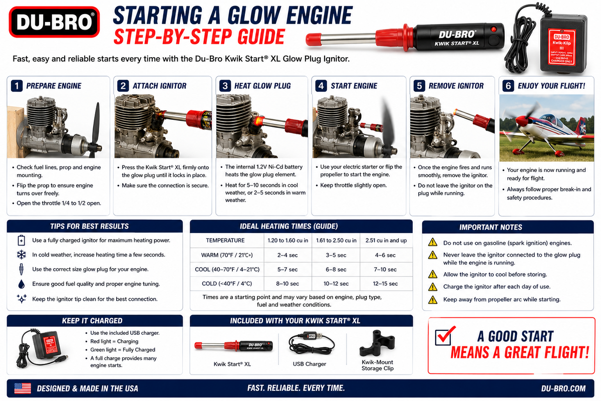 Du-Bro glow engine start guide with step-by-step instructions and product images.