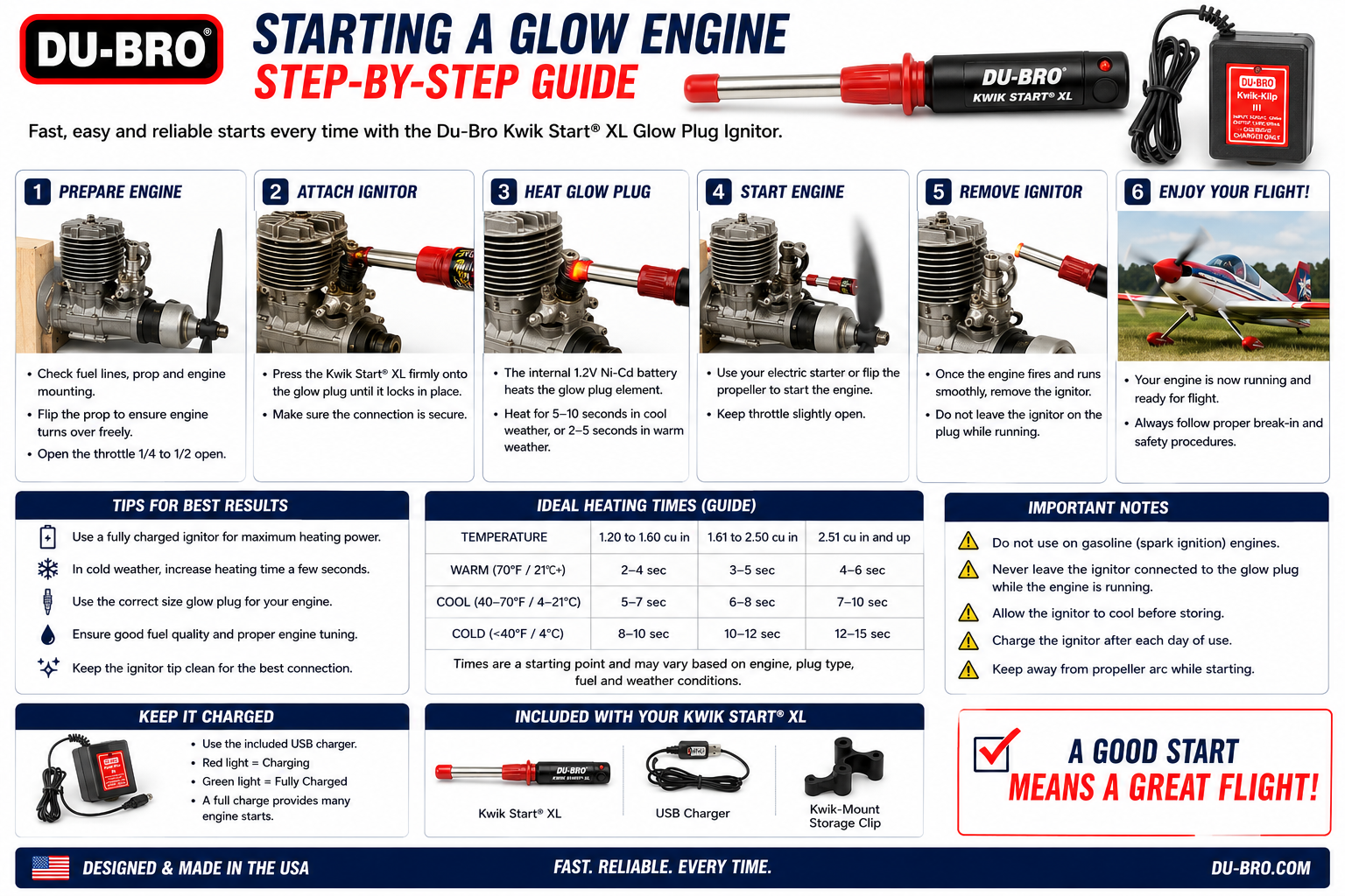 Du-Bro glow engine start guide with step-by-step instructions and product images.