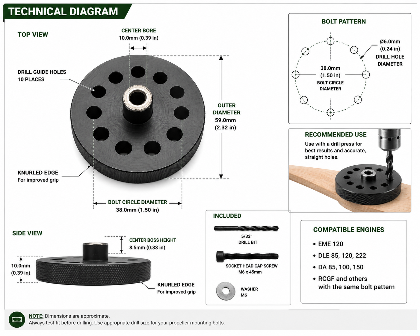 Gator RC Propeller & Spinner Backplate Drill Jig – EME, DLE, DA & RCGF Engines Technical Diagram