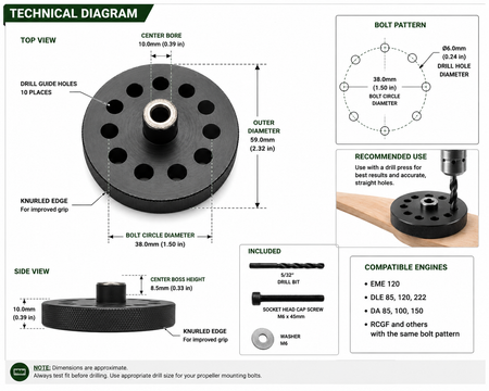 Gator RC Propeller & Spinner Backplate Drill Jig – EME, DLE, DA & RCGF Engines Technical Diagram