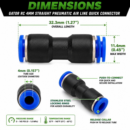 Technical dimension diagram of a Gator RC 4mm straight pneumatic air line quick connector, showing three views with measurements, labels, and specifications on a white background with a black header.