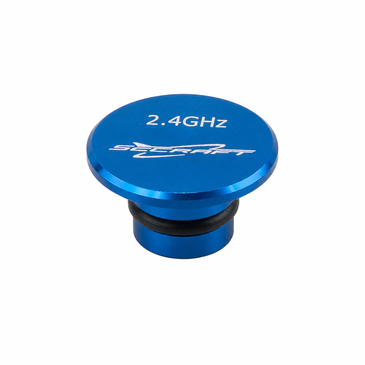 A blue anodized aluminum 2.4GHz antenna connector with white printed text and logo, shown on a plain white background.
