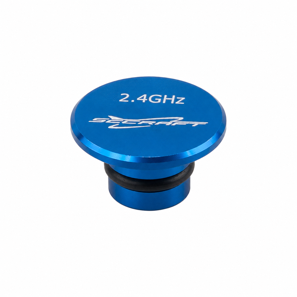 A blue anodized aluminum 2.4GHz antenna connector with white printed text and logo, shown on a plain white background.