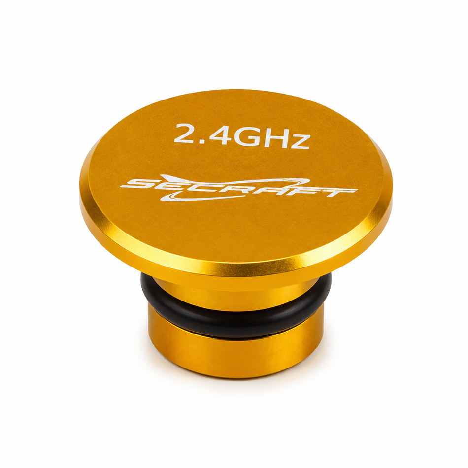 A gold anodized metal 2.4GHz SEKCRAFT antenna connector with a black rubber gasket, shown on a clean white background.
