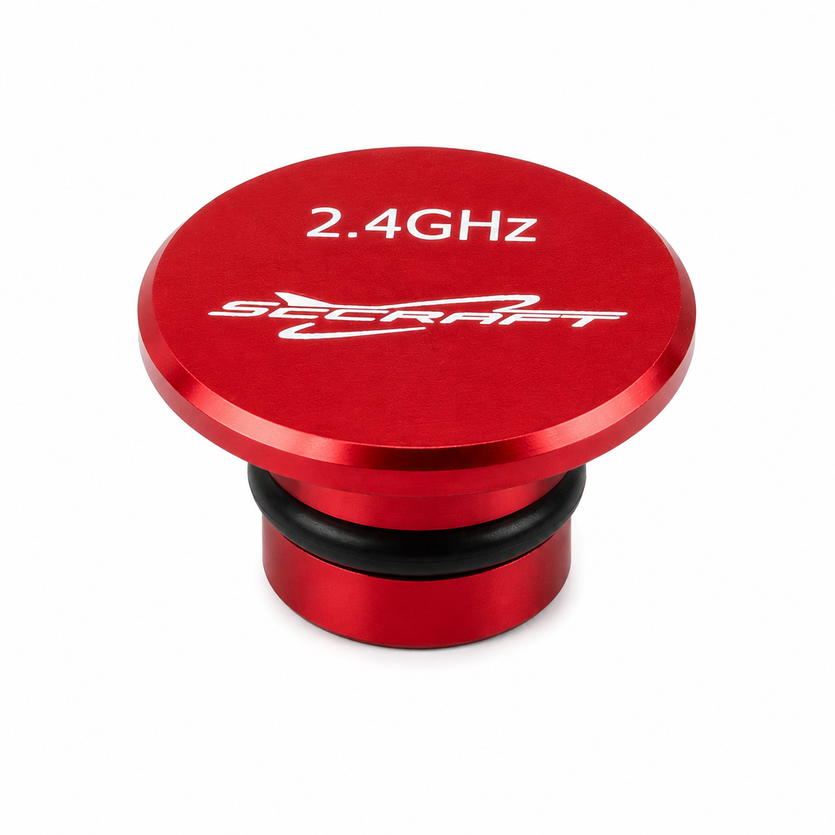A red anodized aluminum 2.4GHz antenna connector with white printed text and logo, shown on a clean white background.