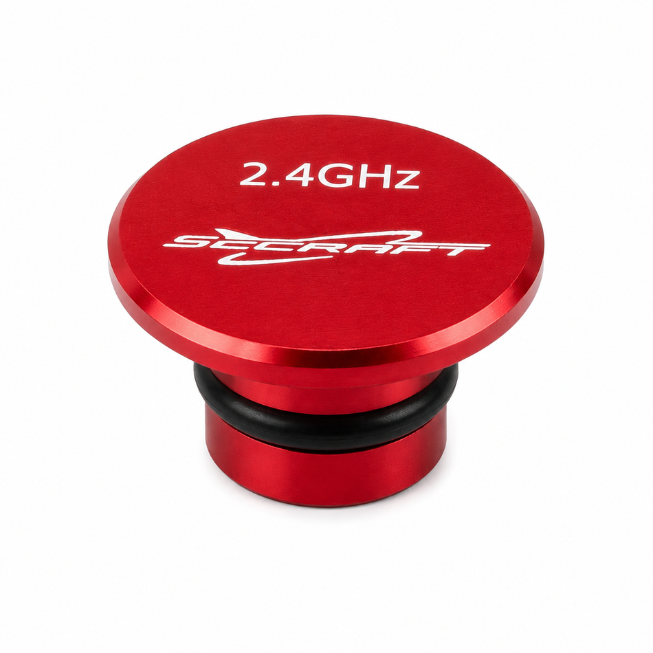A red anodized aluminum 2.4GHz antenna connector with white printed text and logo, shown on a clean white background.