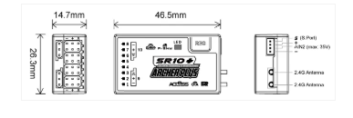 Technical drawing of a electronic module with dimensions and branding