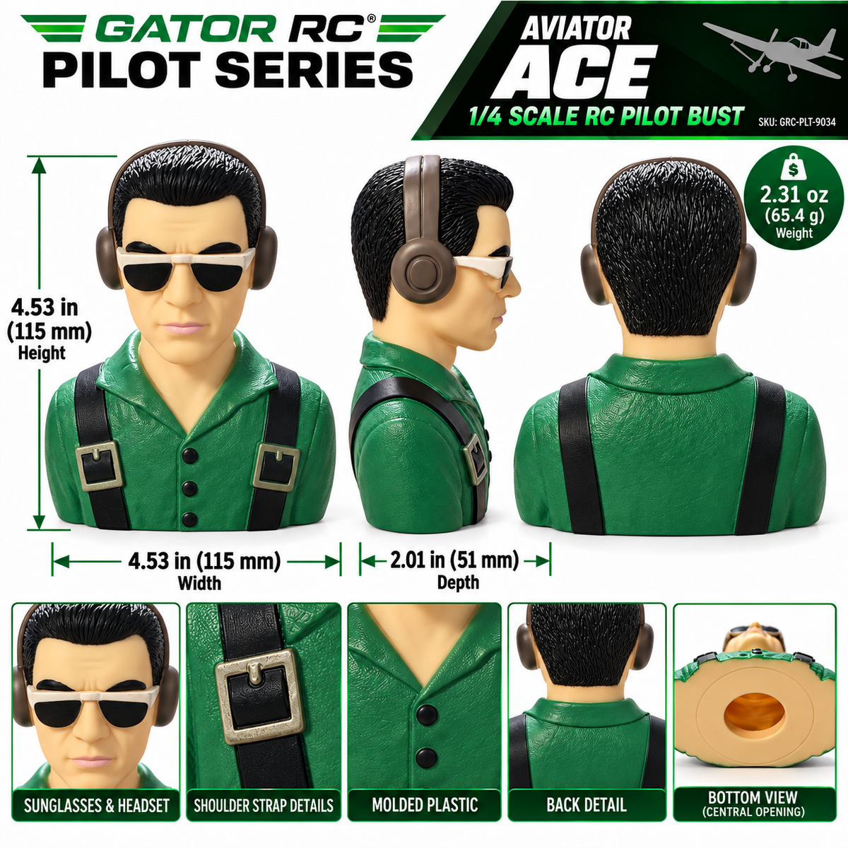 Aviator Ace pilot bust measuring 4.53 inches high, 4.53 inches wide, and 2.01 inches deep