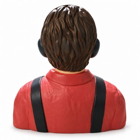 Rear view of Gator RC Aviator Maverick showing brown hair, red shirt, and parallel black shoulder straps