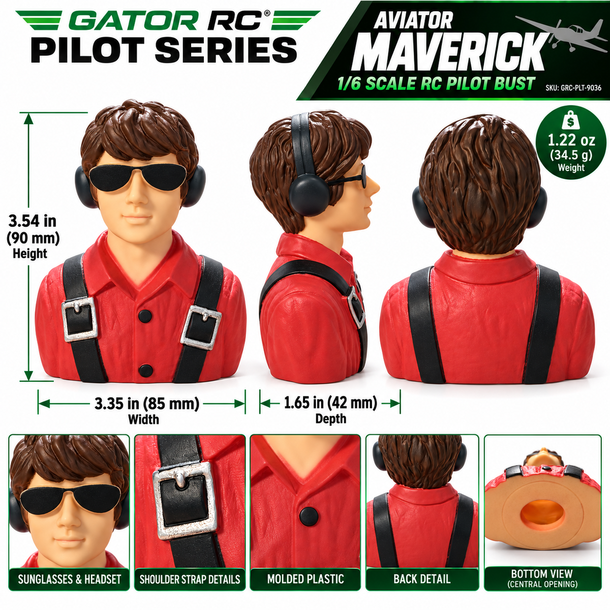 Gator RC Aviator Maverick pilot bust with red shirt, sunglasses, headset, and black straps with silver buckles chart