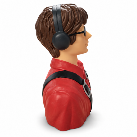 Side view of Gator RC Aviator Maverick showing brown hair, headset, sunglasses, and red shirt