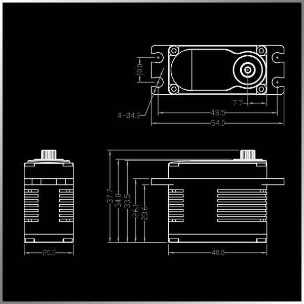 Technical drawing of a mechanical component on a black background