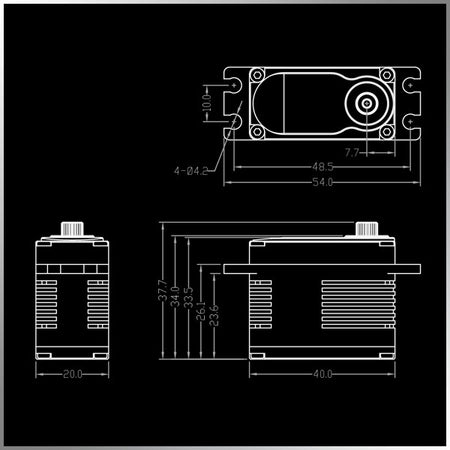 Technical drawing of a mechanical component on a black background