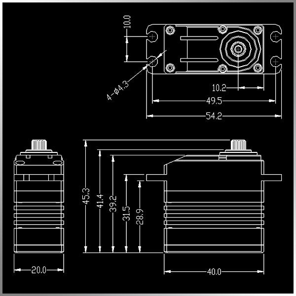 Technical drawing of a mechanical component with dimensions on a black background