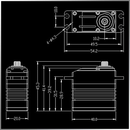 Technical drawing of a mechanical component with dimensions on a black background